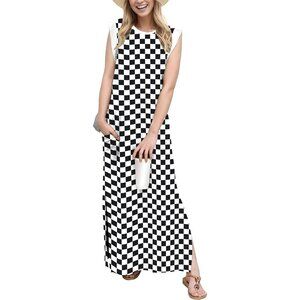 Grecerelle Women Checkered Round Neck Loose Split Wrinkle-Free Long Maxi Dress